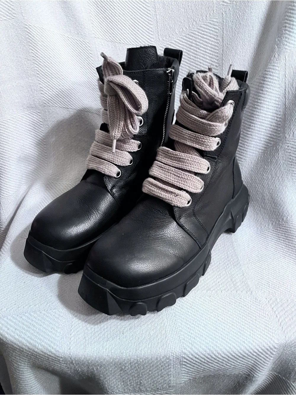 Rick Owens Black Combat Boots with Cream Laces - Women